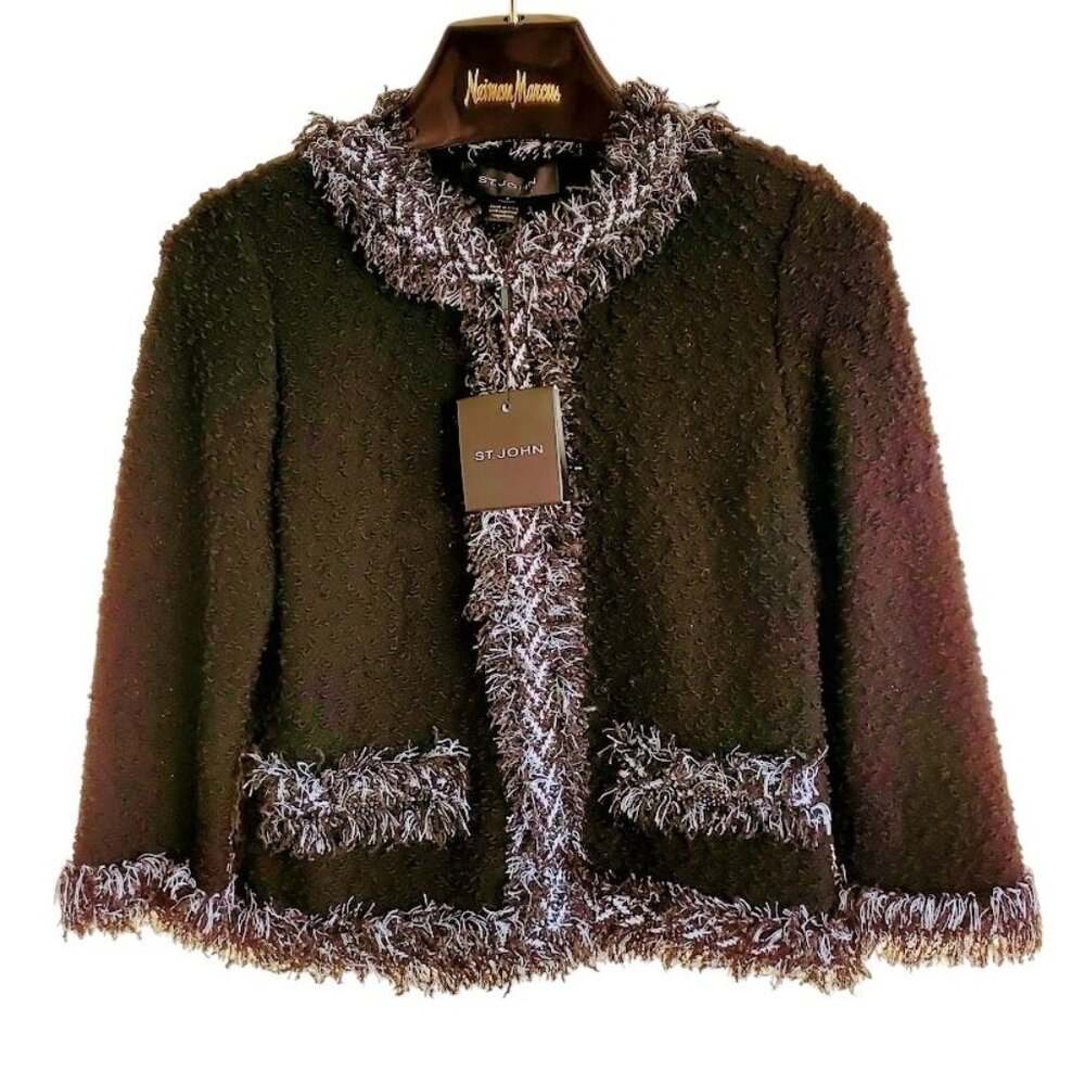 St. John Bouclé Jacket Caviar Frost Size 2 Fringe Trim NWT Couture